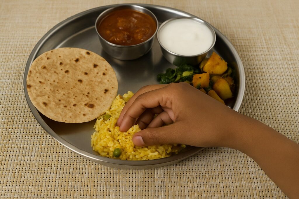 Person eating traditional Indian meal with hands