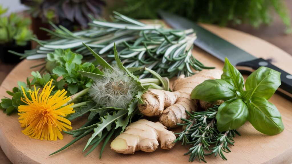 A photo of fresh herbs on a wooden board. There are seven different herbs: dandelion, milk thistle, turmeric, ginger, rosemary, thyme, and basil. The herbs are green and have a fresh, earthy smell. There is a knife beside the herbs. The background is blurred and contains a few more herbs and a plant.
