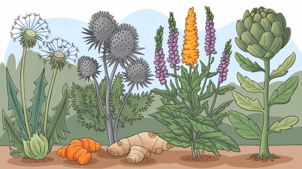 An illustration of seven herbs for liver health growing in a garden. There are dandelion, milk thistle, turmeric, peppermint, ginger, and artichoke plants. The illustration style is cartoonish, with the herbs being large and the background being simple.