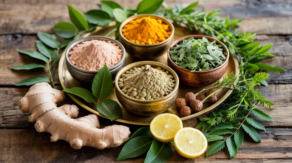 A photograph of five small ceramic bowls containing Giloy, Ashwagandha, Moringa, Neem, and Mulethi powders arranged on a rustic natural wood surface.