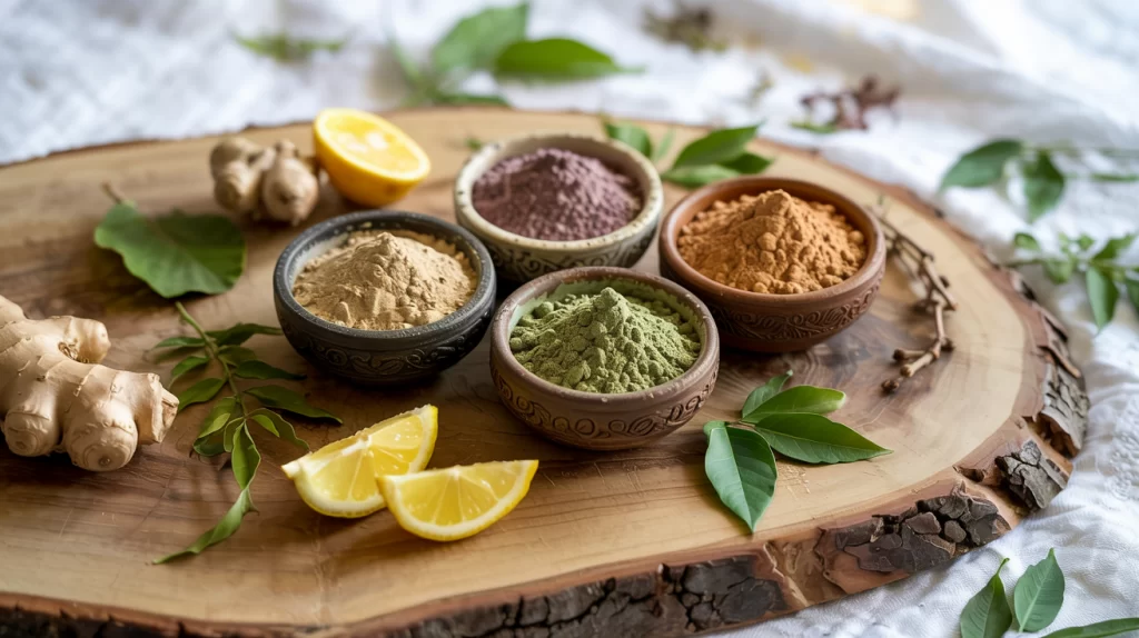 A photograph of five small ceramic bowls containing natural remedies like Giloy, Ashwagandha, Moringa, Neem, and Mulethi powders arranged on a rustic, natural wood surface. 