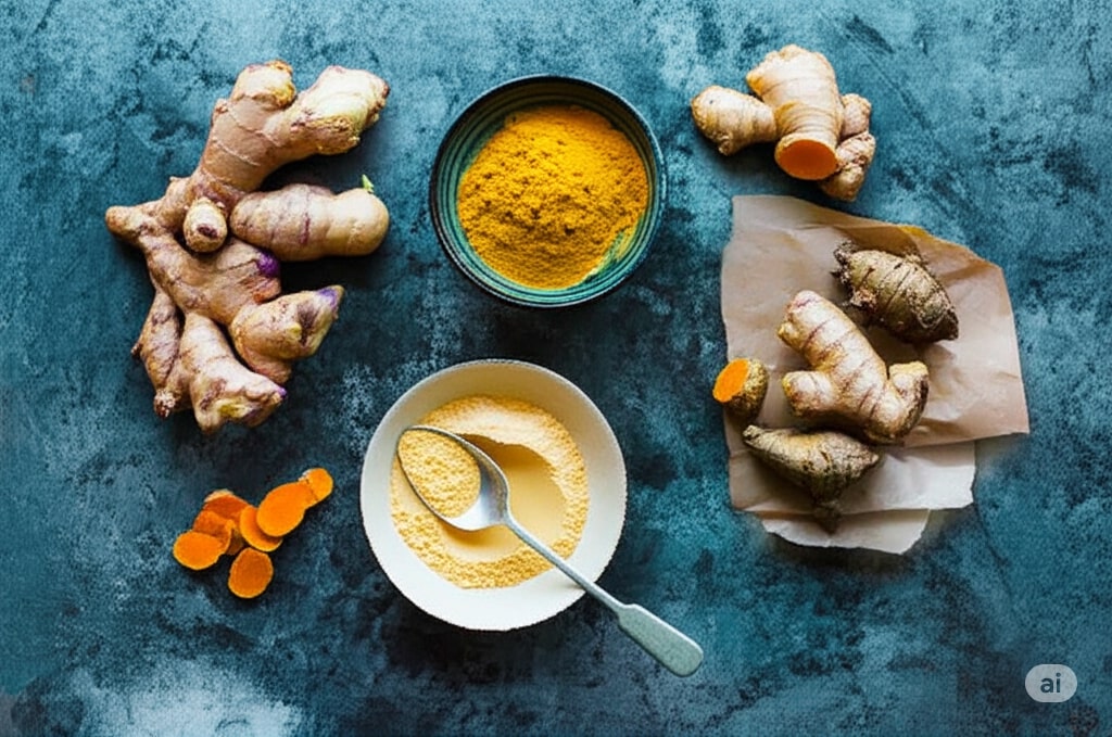 powder of turmeric and ginger on two separate bowls