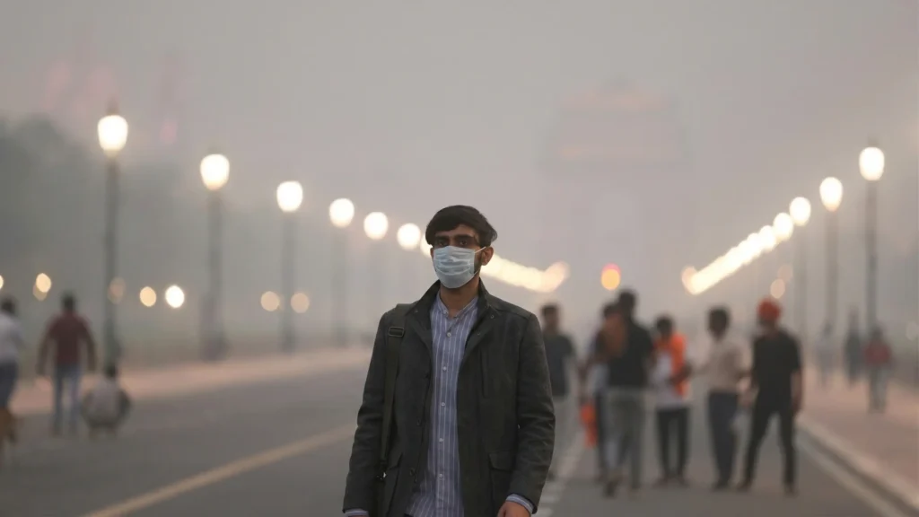 a working class man walking through a road covered in smog.